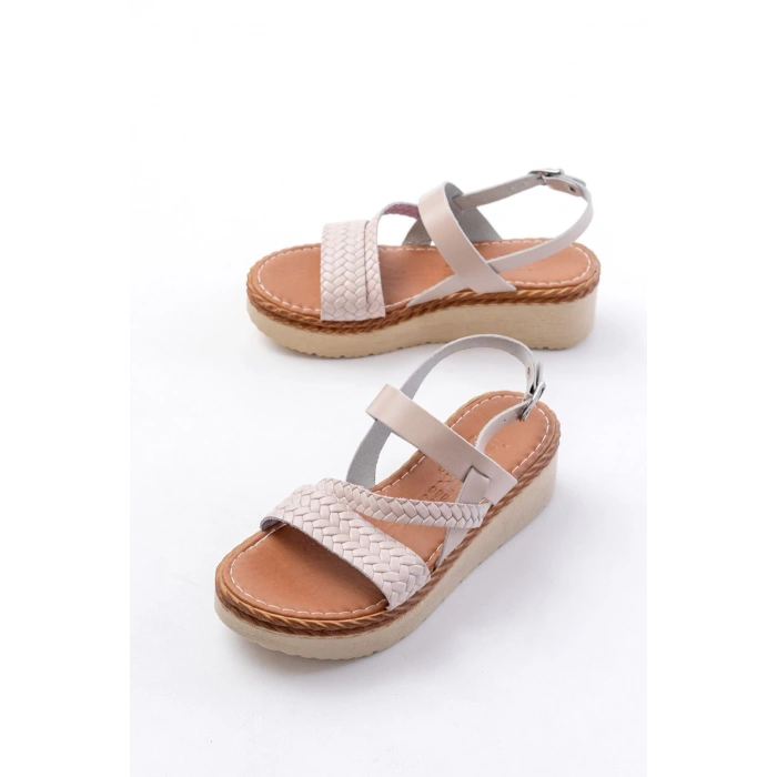 730-152 Bej Örgü Desenli Hakiki Deri Ortopedik Taban Kadın Sandalet