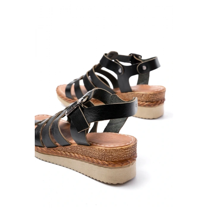 731-204 Siyah Hakiki Deri Dolgu Topuklu Günlük Kadın Sandalet