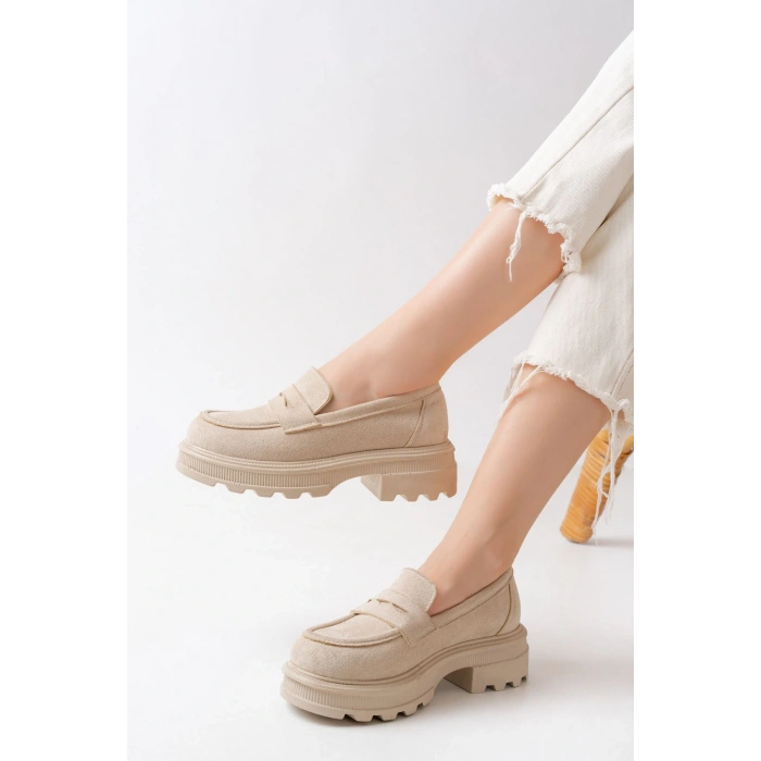 746-759 Bej Süet Günlük Yüksek Tabanlı Loafer Ayakkabı