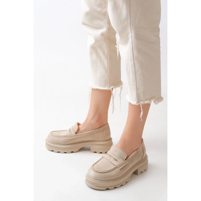 746-759 Bej Süet Günlük Yüksek Tabanlı Loafer Ayakkabı