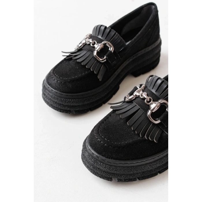 749-750 Siyah Süet Tokalı Günlük Yüksek Tabanlı Loafer Ayakkabı