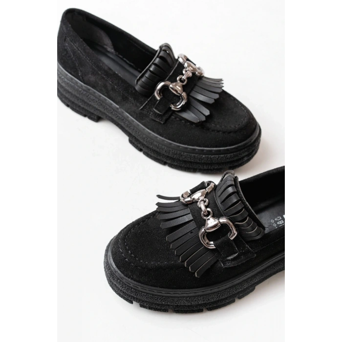 749-750 Siyah Süet Tokalı Günlük Yüksek Tabanlı Loafer Ayakkabı