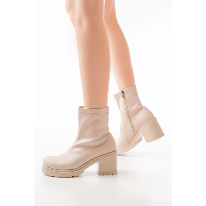 767-3012 Streç Bej Fermuarlı Kalın Topuklu Günlük Kadın Bot