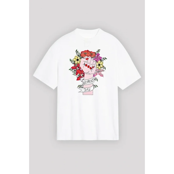 8 Mart Dünya Kadınlar Günü Baskılı Oversize Bisiklet Yaka T-shirt - Beyaz