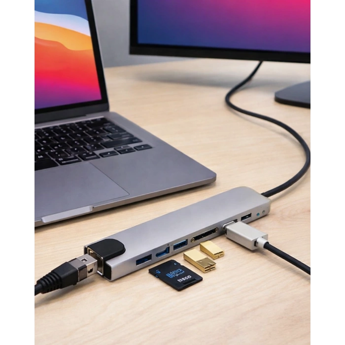 8 Port Type C Hub USB HDMI RJ45 SD TF Kart Okuyucu Çoklayıcı