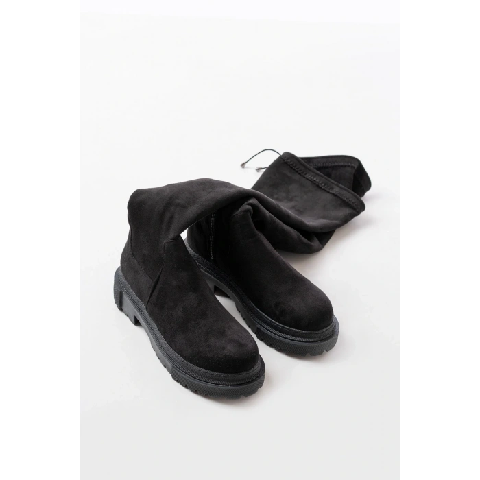 812-2194 Siyah Süet Fermuarlı Diz Üstü Bağcıklı Çorap Günlük Kadın Çizme