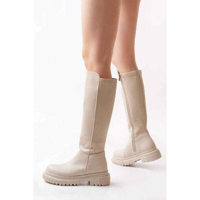 812-305 Bej Arkası Streç Fermuarlı Günlük Kadın Çizme