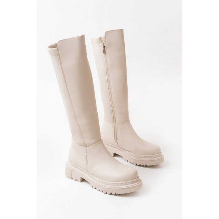 812-305 Bej Arkası Streç Fermuarlı Günlük Kadın Çizme
