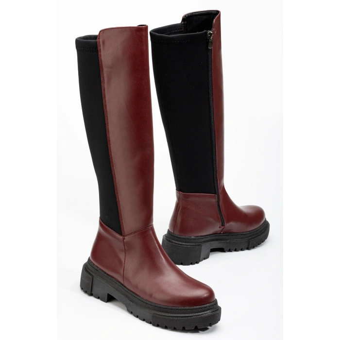 812-305 Bordo Arkası Streç Fermuarlı Günlük Kadın Çizme