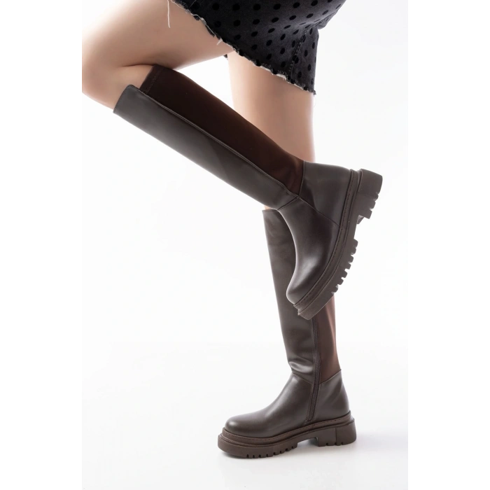 812-305 Kahve Arkası Streç Fermuarlı Günlük Kadın Çizme