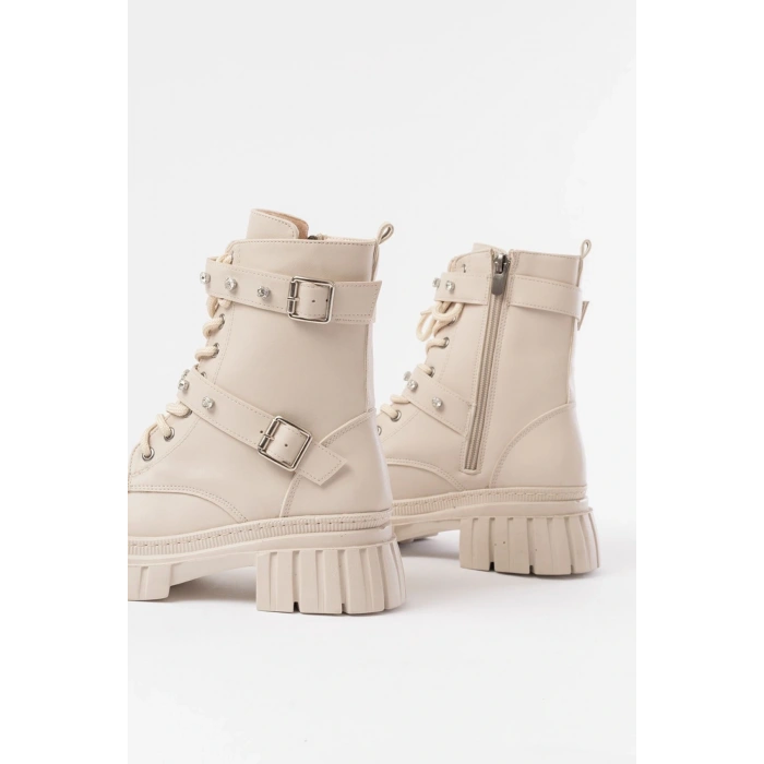 842-03 Bej Bağcıklı Kalın Tabanlı Bağcıklı Fermuarlı Günlük Kadın Bot