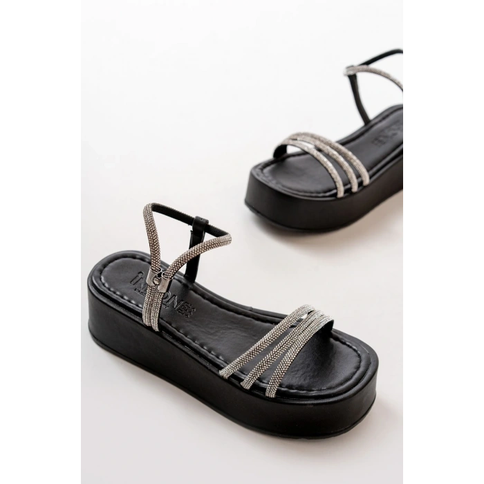 861-1100 Siyah Günlük Gümüş Taşlı Dolgu Kadın Sandalet