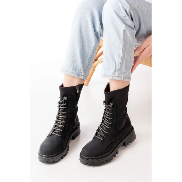 868-2006 Siyah Zümrüt Düz Topuklu Bağcıklı Fermuarlı Günlük Kadın Bot