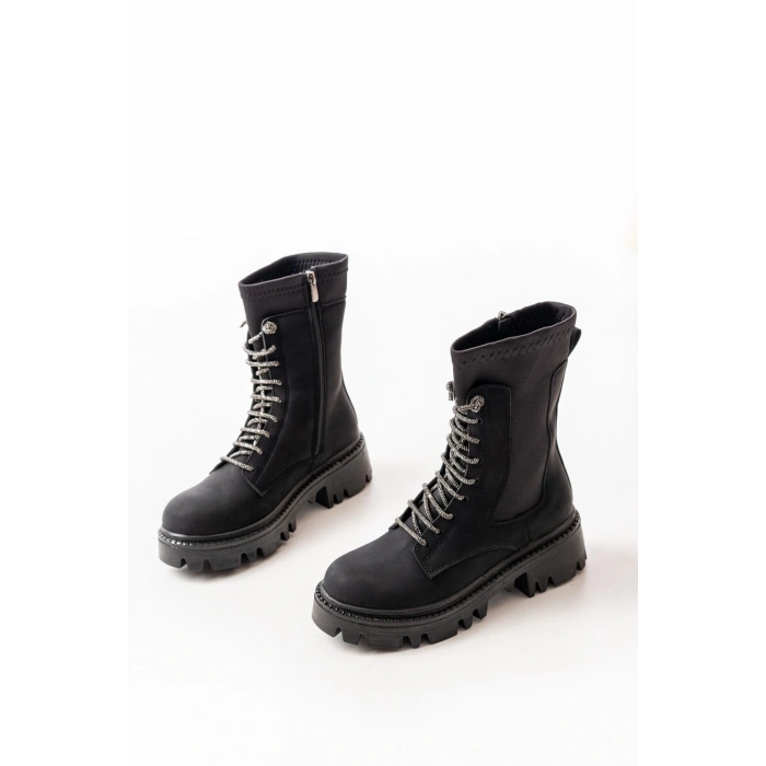 868-2006 Siyah Zümrüt Düz Topuklu Bağcıklı Fermuarlı Günlük Kadın Bot