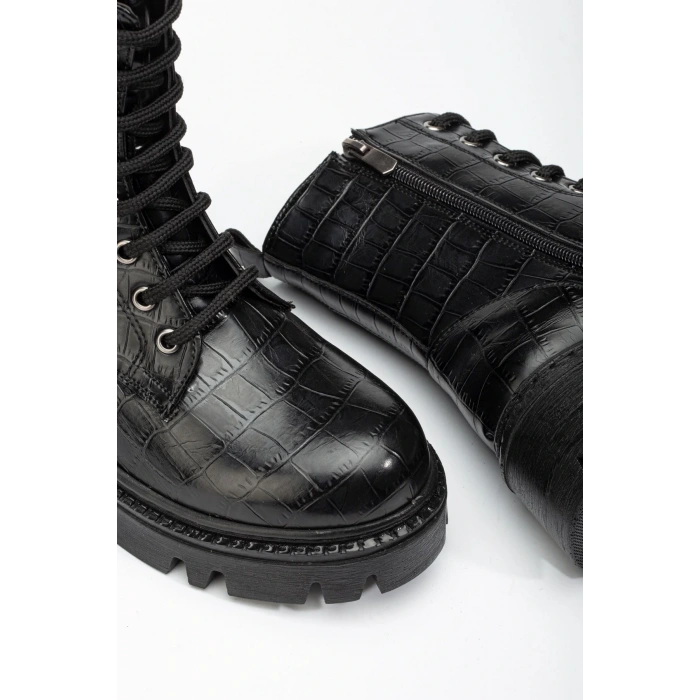 868-2289 Siyah Kroko Bağcıklı Fermuarlı Günlük Kadın Bot