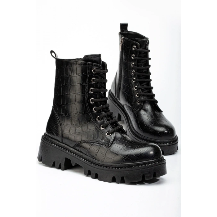 868-2289 Siyah Kroko Bağcıklı Fermuarlı Günlük Kadın Bot