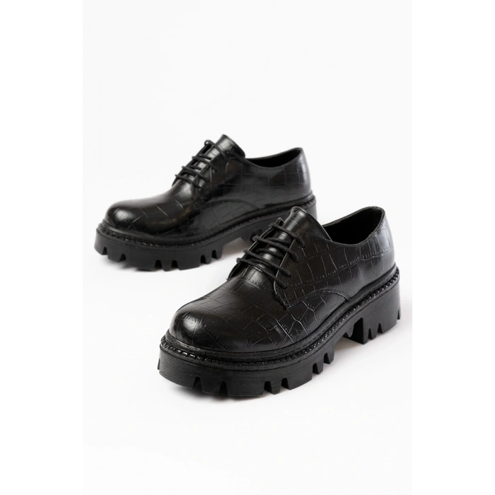 868-754 Siyah Kroko Bağcıklı Günlük Yüksek Tabanlı Loafer Ayakkabı