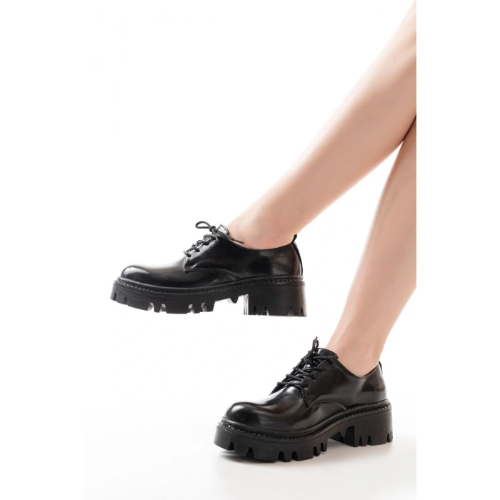 868-754 Siyah Rugan Bağcıklı Günlük Yüksek Tabanlı Loafer Ayakkabı