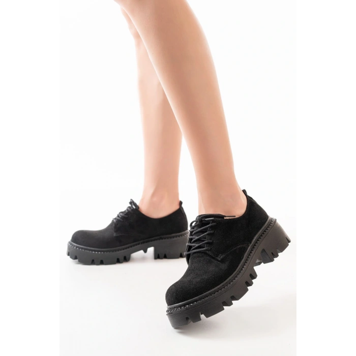 868-754 Siyah Süet Bağcıklı Günlük Yüksek Tabanlı Loafer Ayakkabı