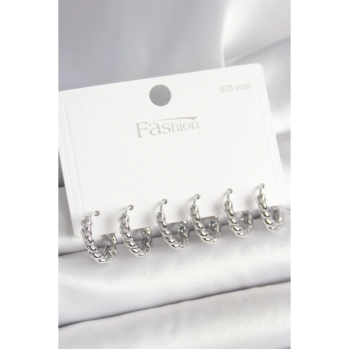 925 Ayar Gümüş Çivi Pirinç Gümüş Renk Sarmal Halka Model Kadın Küpe Seti