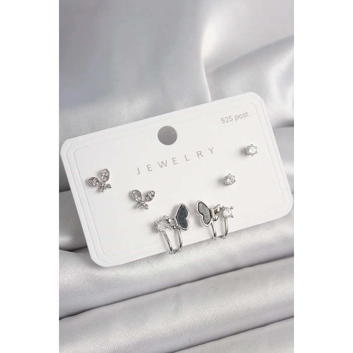 925 Ayar Gümüş Çivi Pirinç Gümüş Renk Zirkon Taşlı Kelebek Model Kadın Küpe Seti