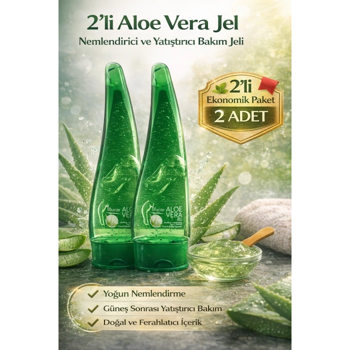 Aloe Vera Jel Nemlendirici ve Yatıştırıcı Bakım Jeli Yüz ve Vücut İçin Doğal Aloe Özlü Cilt Bakım Ürünü 2Li Avantaj Paket