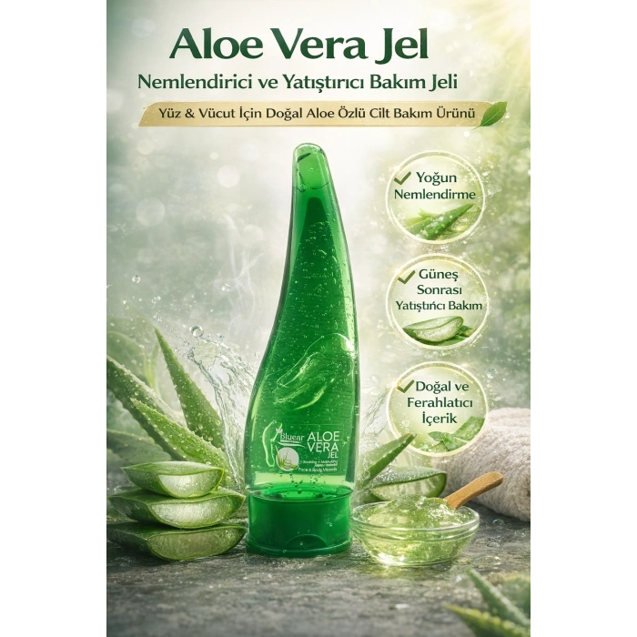Aloe Vera Jel Nemlendirici ve Yatıştırıcı Bakım Jeli Yüz ve Vücut İçin Doğal Aloe Özlü Cilt Bakım Ürünü