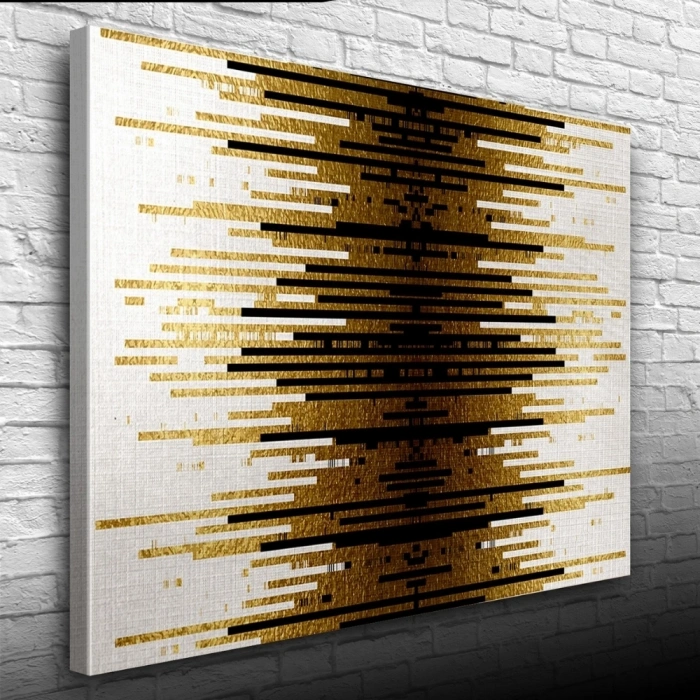 Altın Rengi, Siyah ve Beyaz Çizgili Desen Kanvas Tablo 50 x 70