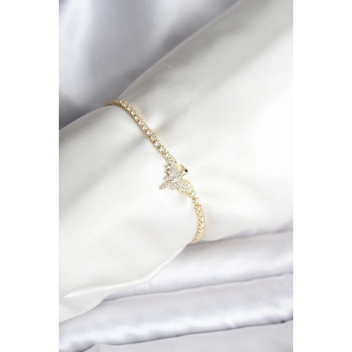 Anka Kuşu Model Zirkon Taşlı Gold Renk Pirinç Su Yolu Kadın Bileklik