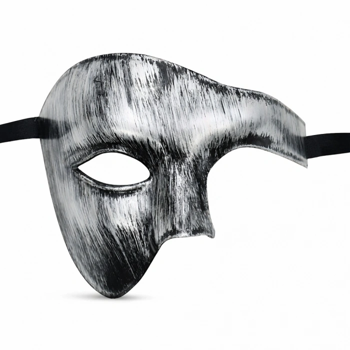 Antik Eskitme Gümüş Erkek Yarım Maske - Phantom & Balo Maskesi