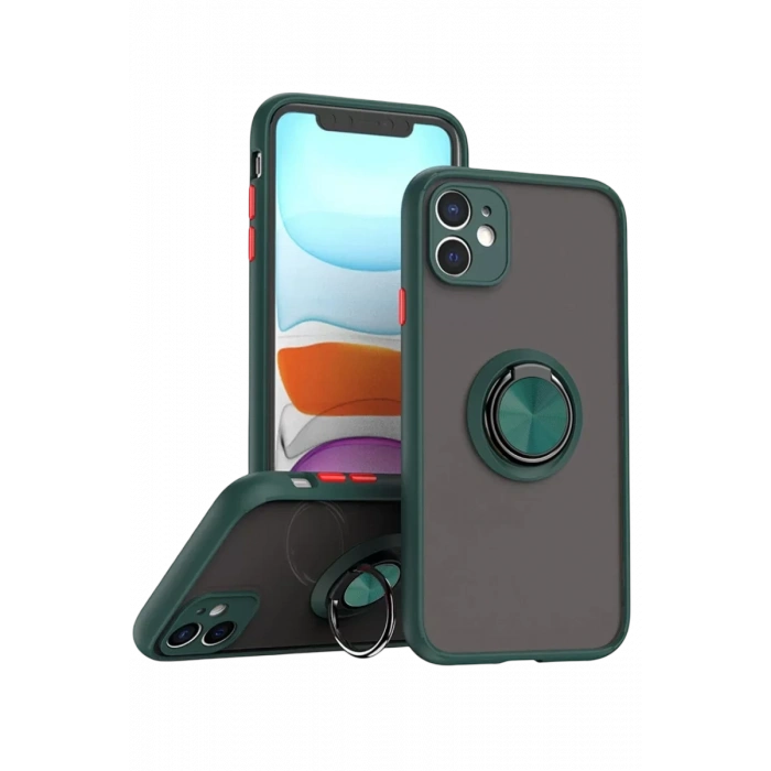 Apple iPhone 11 Kılıf Montreal Yüzüklü Silikon Kapak - Yeşil
