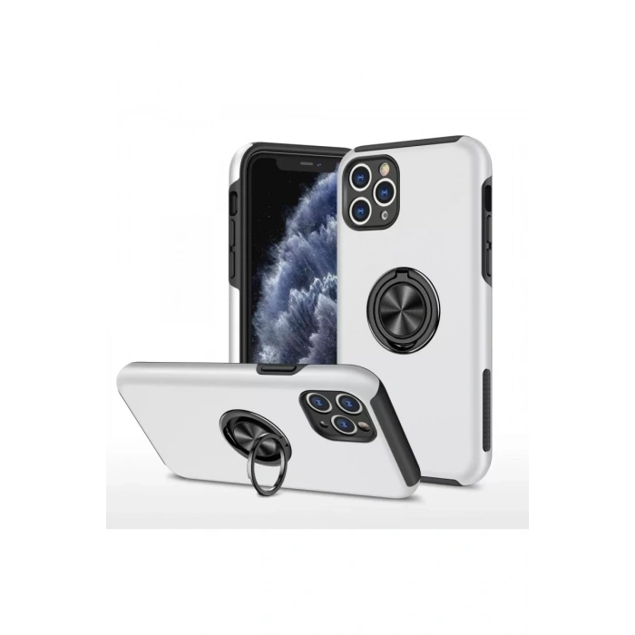 Apple iPhone 11 Pro Max Kılıf Elit Yüzüklü Kapak - Gümüş