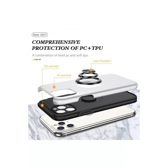 Apple iPhone 11 Pro Max Kılıf Elit Yüzüklü Kapak - Gümüş
