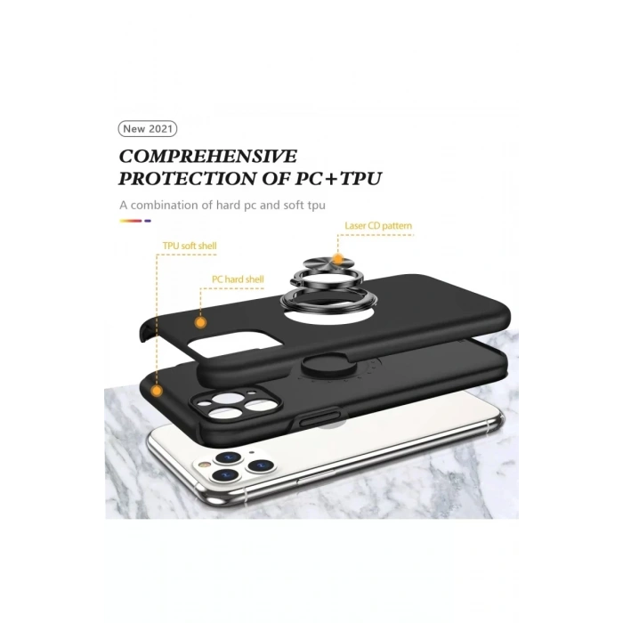 Apple iPhone 11 Pro Max Kılıf Elit Yüzüklü Kapak - Siyah