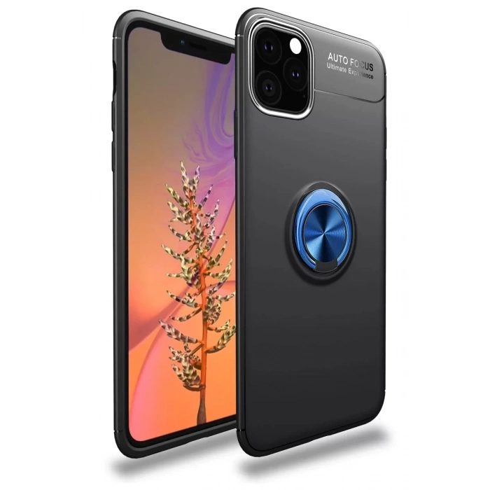 Apple iPhone 11 Pro Max Kılıf Range Yüzüklü Silikon - Siyah-Mavi