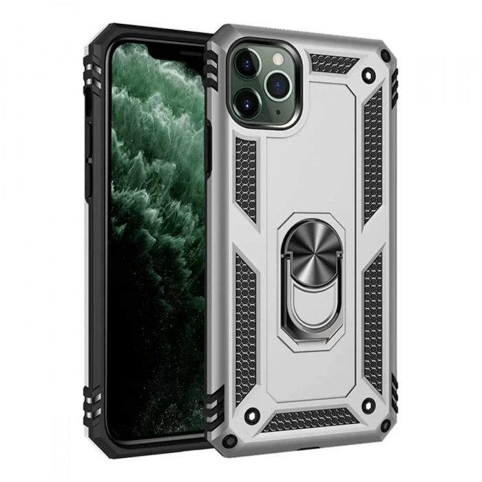 Apple iPhone 11 Pro Max Kılıf Sofya Yüzüklü Silikon Kapak - Gümüş