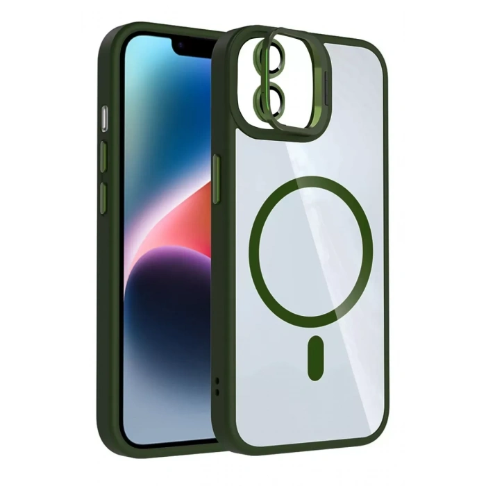 Apple iPhone 11 Remim Lensli Magsafe Standlı Kapak - Koyu Yeşil