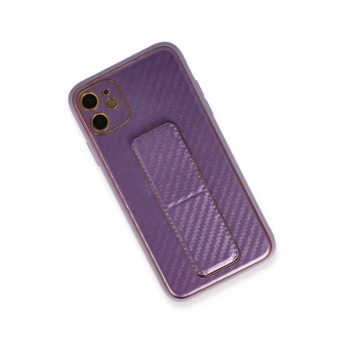 Apple iPhone 12 Kılıf Coco Karbon Standlı Kapak - Mor