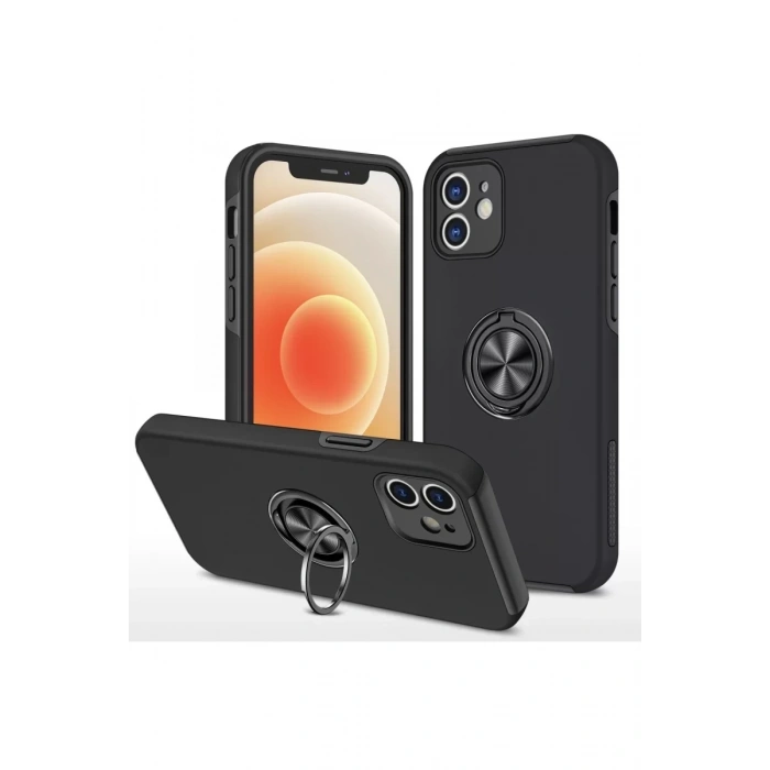 Apple iPhone 12 Kılıf Elit Yüzüklü Kapak - Siyah