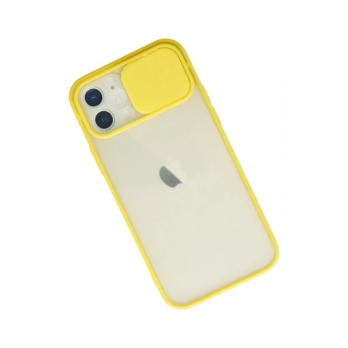 Apple iPhone 12 Kılıf Palm Buzlu Kamera Sürgülü Silikon - Sarı