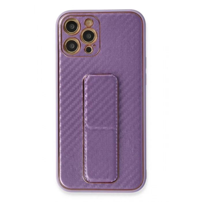 Apple iPhone 12 Pro Kılıf Coco Karbon Standlı Kapak - Mor