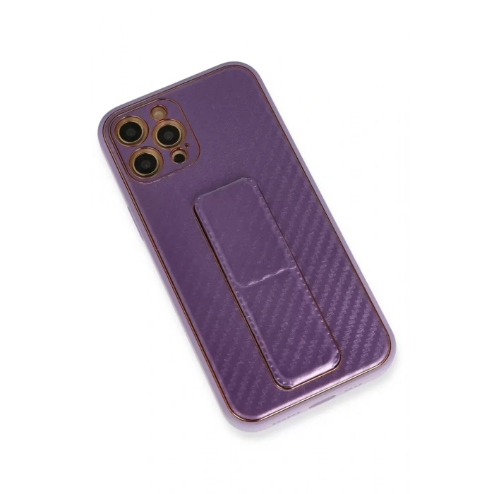 Apple iPhone 12 Pro Kılıf Coco Karbon Standlı Kapak - Mor