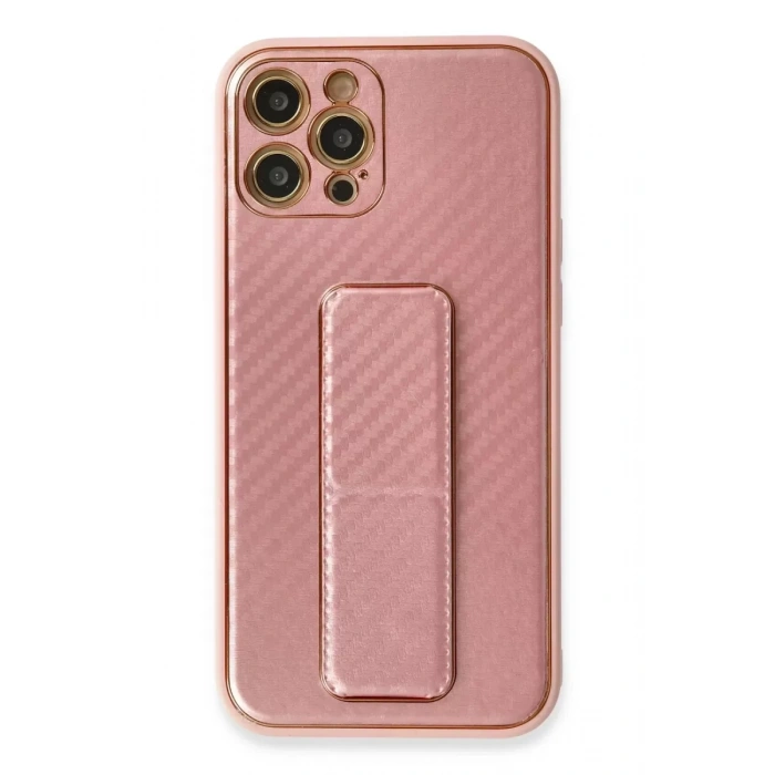Apple iPhone 12 Pro Kılıf Coco Karbon Standlı Kapak - Pembe