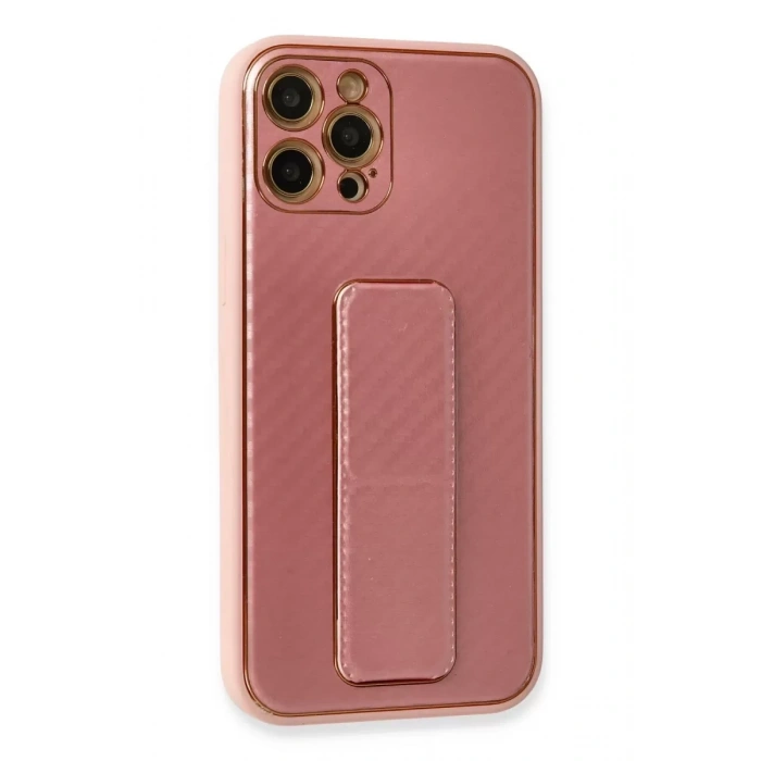 Apple iPhone 12 Pro Kılıf Coco Karbon Standlı Kapak - Pembe