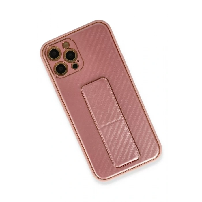 Apple iPhone 12 Pro Kılıf Coco Karbon Standlı Kapak - Pembe