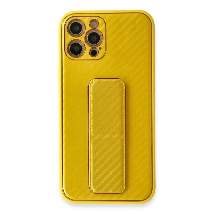 Apple iPhone 12 Pro Max Kılıf Coco Karbon Standlı Kapak - Sarı