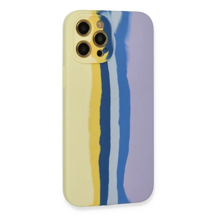 Apple iPhone 12 Pro Max Kılıf Ebruli Lansman Silikon - Sarı-Lila