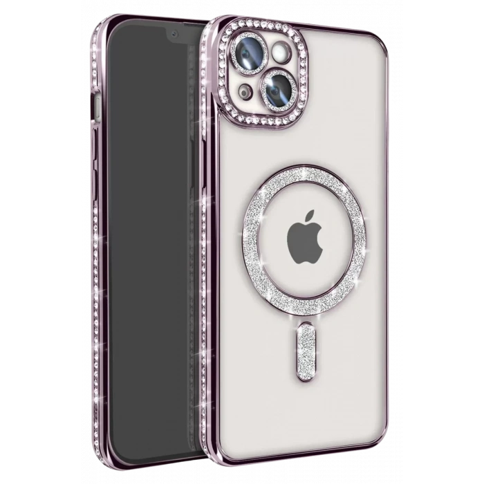 Apple iPhone 14 Kılıf Joke Simli Magneticsafe Kılıf - Derin Mor