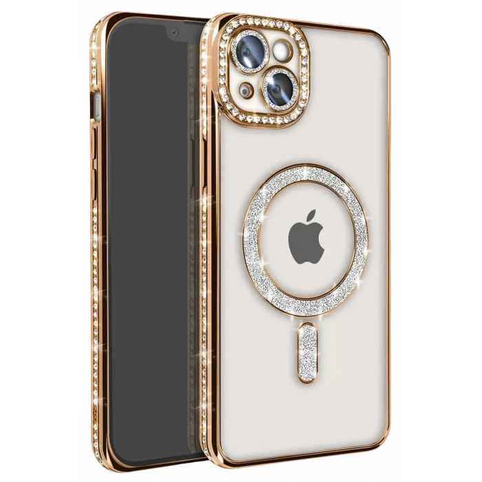 Apple iPhone 14 Kılıf Joke Simli Magneticsafe Kılıf - Gold