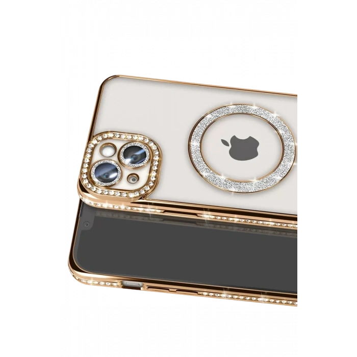 Apple iPhone 14 Kılıf Joke Simli Magneticsafe Kılıf - Gold